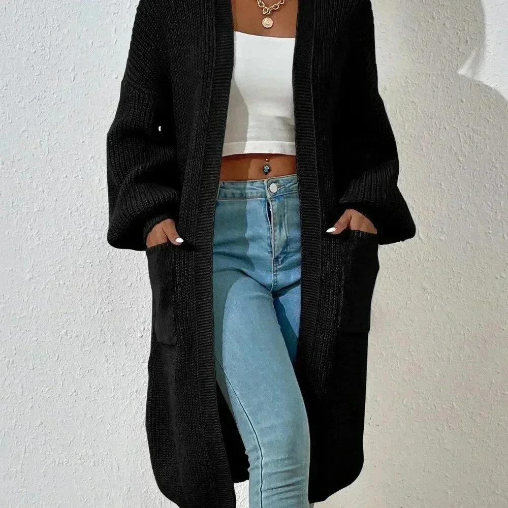 Black Casual Women's Dual Pocket Drop Shoulder Cardigan